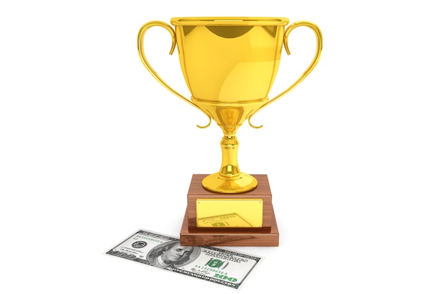 Business concept. Dollars banknotes and Golden Trophy Cup on a white background