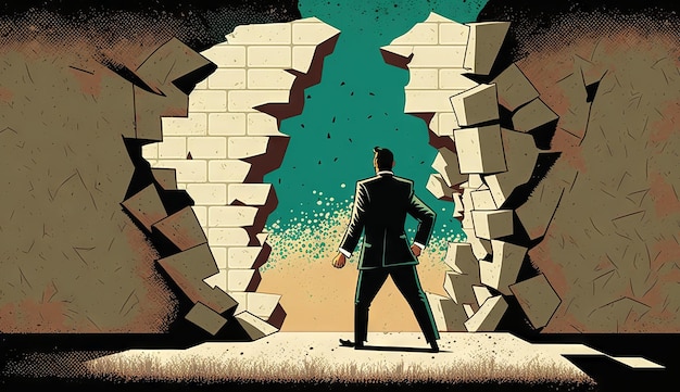 Business concept illustration of businessman insistently looking for way out by breaking the wall Generative ai