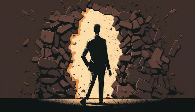 Business concept illustration of businessman insistently looking for way out by breaking the wall Generative ai