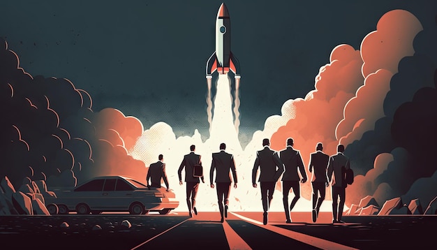 Business concept illustration of group of businessman walking towards a rocket start up business concept Generative ai