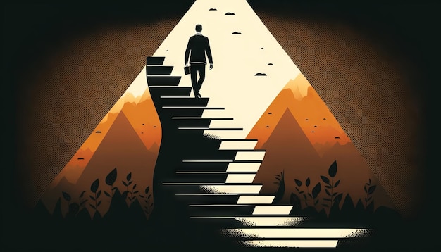 Business concept illustration of a man walking on a stairway leading up to up arrow Generative ai