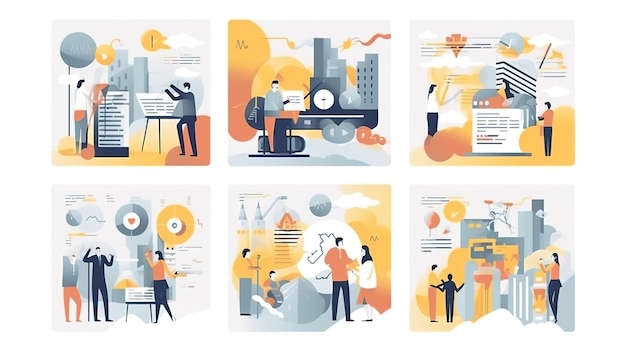 Business Concept illustrations Collection of scenes with men and women taking part in business activitiesBusiness Strategy researchBusiness iconsillustrations