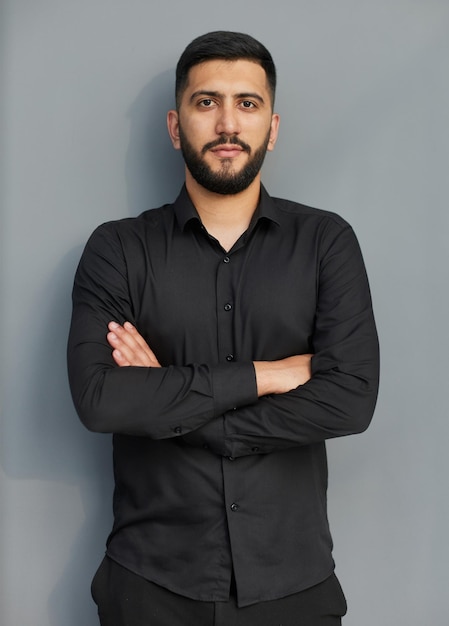 Business concept portrait handsome business man holding hands with confident face white background