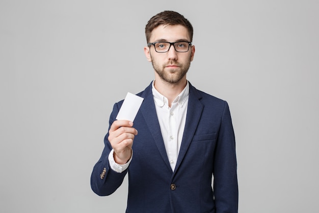 Business Concept - Portrait Handsome Business man showing name card with smiling confident face. White Background.Copy Space.