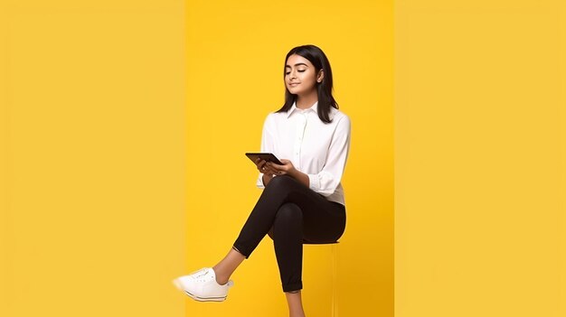 Business concept Portrait of happy young woman in casual sitting on floor in lotus pose and holding