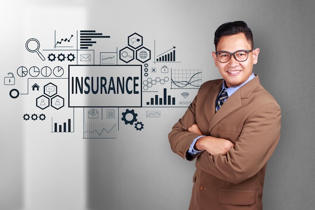 Photo business concept smiling happy successful asian businessman with insurance words