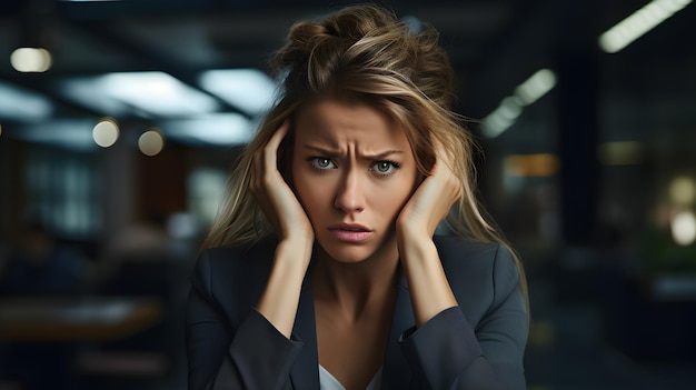 Business concept stressed businesswoman holding her head with hands in office