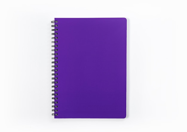 Business concept - Top view collection of spiral kraft notebook front, purple And white open page isolated on background for mockup