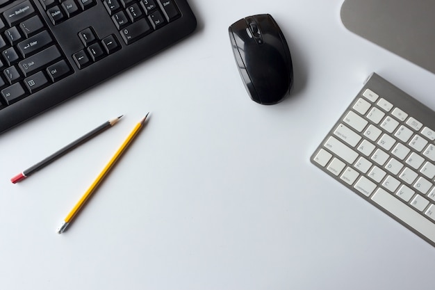 Business concept. top view of office desk workspace with desktop computer