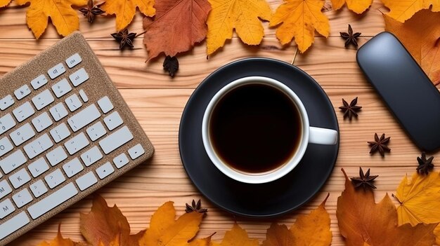 business concept top view photo of small cup of coffee computer mouse keyboard mini pumkin