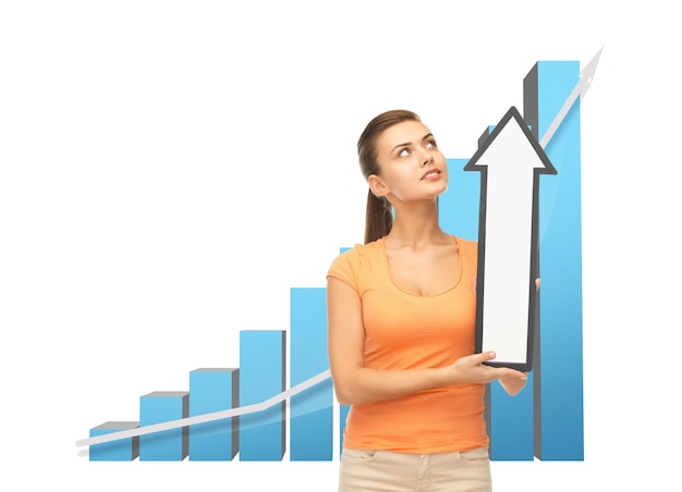 business concept - young woman with rising graph and arrow directing up