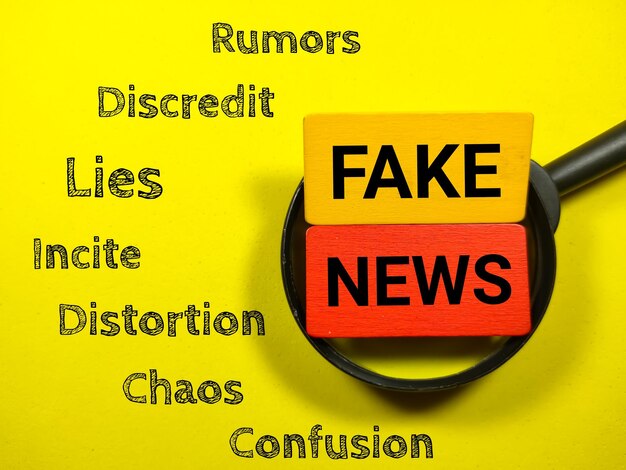 ビジネス コンセプト虫眼鏡で着色された木の板にテキスト FAKE NEWS 書き込み