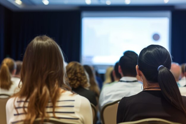 Business conference audience watching presentation on screen