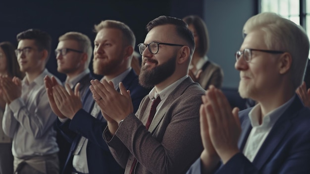 At a business conference or office meeting Generative AI the audience applauds the speaker after a successful presentation