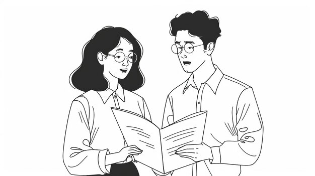 During a business conversation a woman and a man are looking at papers Modern illustration in the hand drawn style