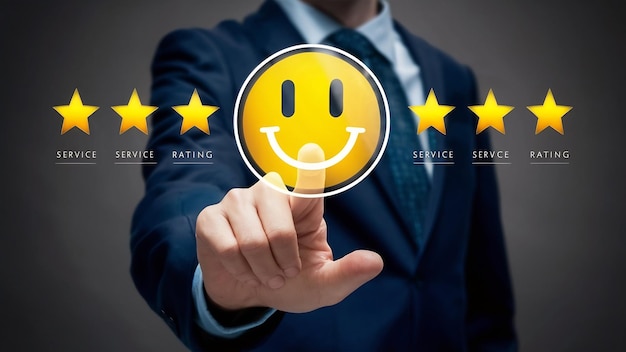 Business customer pressing smiley face emoticon online service rating satisfaction concept