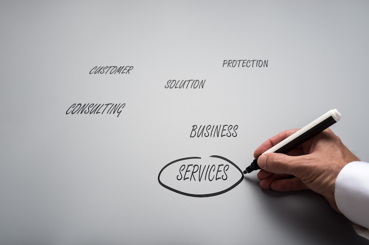 Photo business customer service and support concept with male hand writing