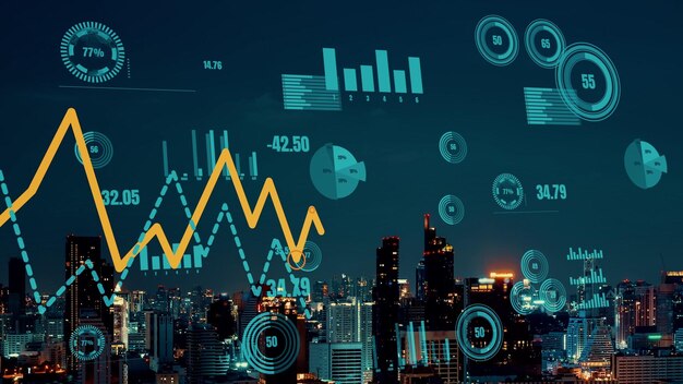 Business data analytic interface fly over smart city showing alteration future