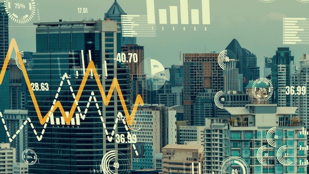 Business data analytic interface fly over smart city showing
alteration future