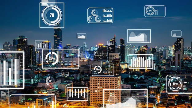 Photo business data analytic interface fly over smart city showing alteration future