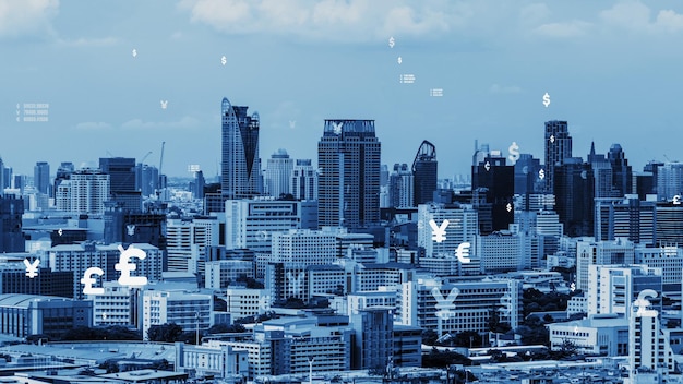 비즈니스 데이터 분석 인터페이스는 변화의 미래를 보여주는 스마트 시티를 비행합니다.
