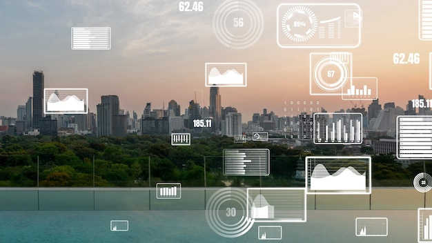 Business data analytic interface fly over smart city showing alteration future