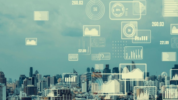 Аналитический интерфейс бизнес-данных пролетает над умным городом, показывая будущее изменений