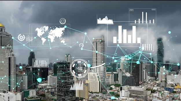 Аналитический интерфейс бизнес-данных пролетает над умным городом, показывая будущее изменений
