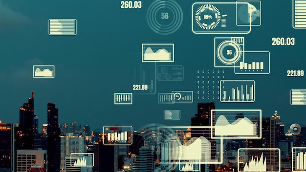 Foto l'interfaccia analitica dei dati aziendali sorvola la città intelligente mostrando il futuro dell'alterazione