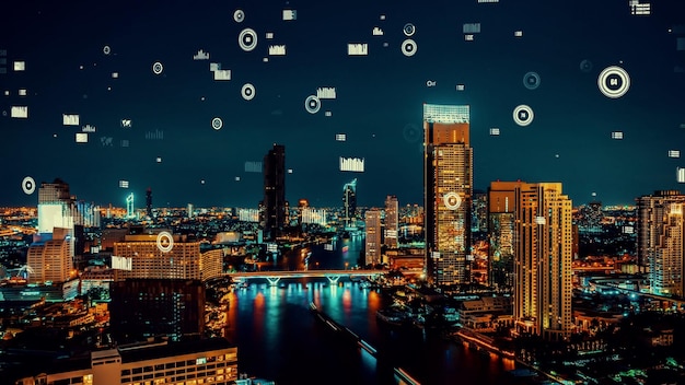 business data analytic interface fly over smart city showing alteration future