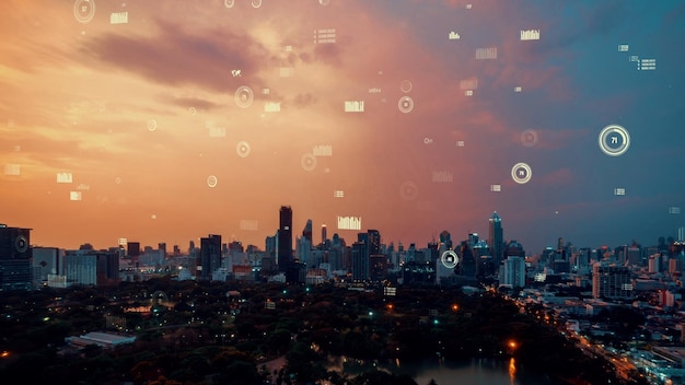 business data analytic interface fly over smart city showing alteration future