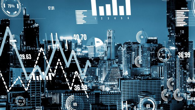 Business data analytic interface fly over smart city showing alteration future