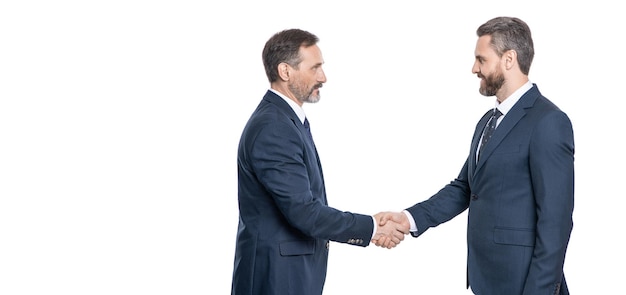business deal two businessmen handshaking after contract deal successful agreement in business deal businessmen dealing isolated on white partnership concept copy space banner