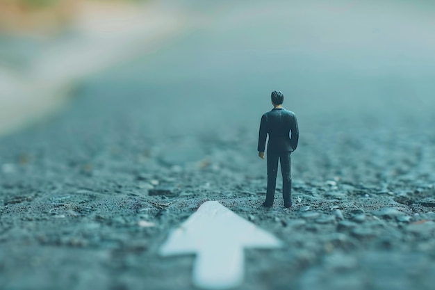 Business decision concept Miniature people Businessman standing in front of arrow pathway choice