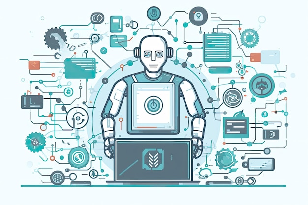 Photo a business design sketching robot in the future with artificial intelligence and machine learning is shown in flat cartoon style with its arms crossed