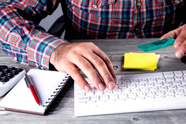 Business desktop with laptop tablet flat lay