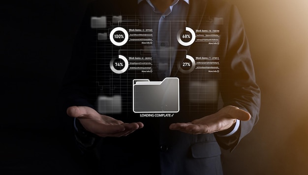 Business developer hand using board framework on virtual modern computer showing innovation Agile software development lean project management tool fast changes concept.Document Management System DMS.