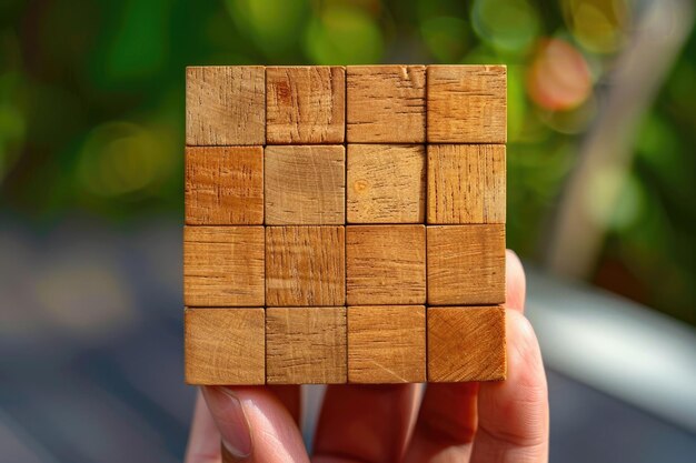 Business development concept with hand arranging wood cube blocks