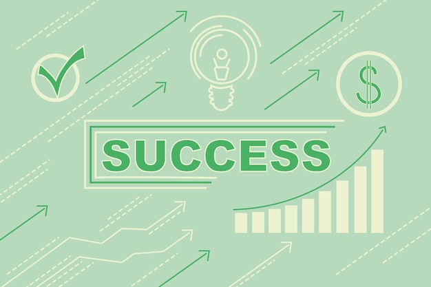 Business development concept with success word illustration check mark dollar symbol and light bulb on light green wallpaper