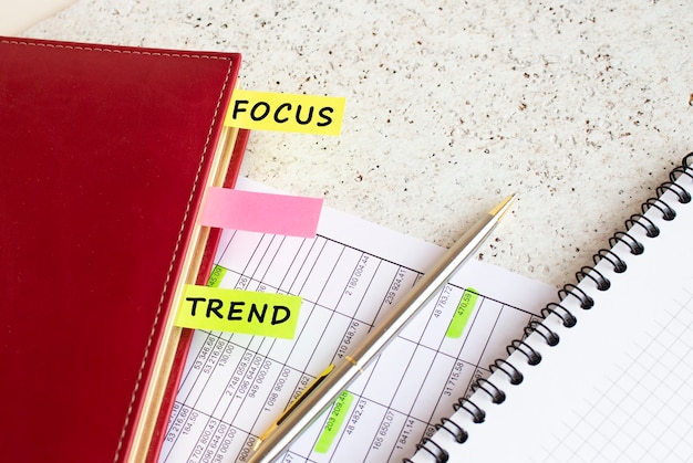 碑文が付いた色付きのタブのあるビジネス日記は、オフィスの机の上の財務チャートにあります。