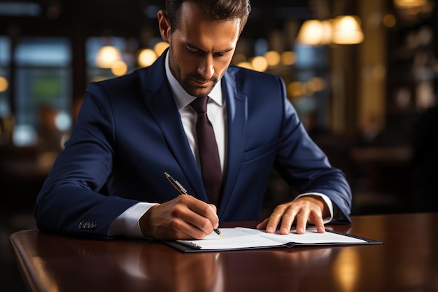 Business Document Signing European Executive at Brightly Lit Office Table Contract Agreement