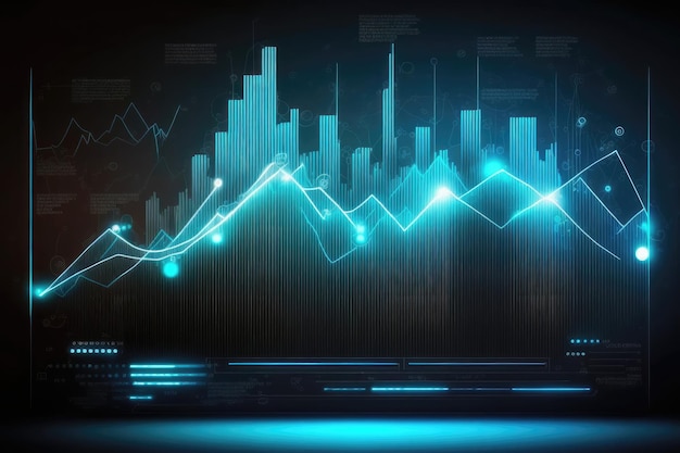 Business economic charts with light effects growth and fall analytics Glow in the dark background