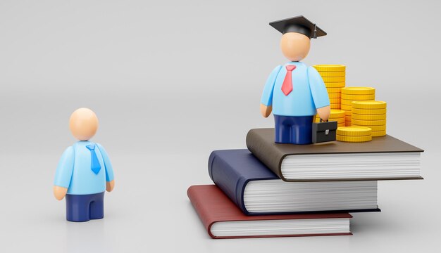 Business education Investing businessman in a graduate cap on books and coins 3d render