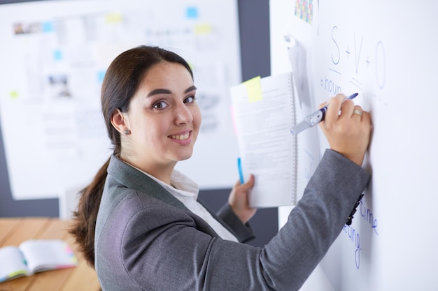 Business education and office concept business team with flip board in office discussing something