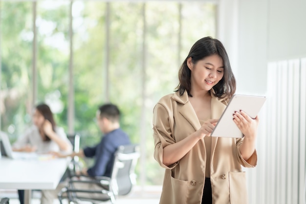 Business employee enjoy and happy to work at company office with positive attitude.