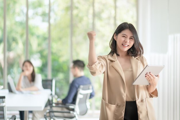 Photo business employee enjoy and happy to work at company office with positive attitude.