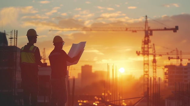 Business engineers seek blueprints in blurry construction sites at sunset