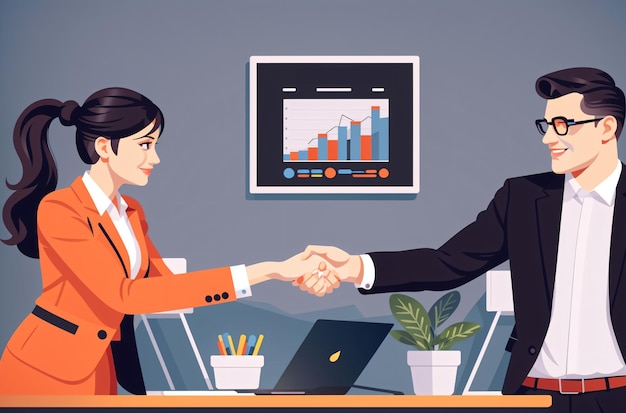 Business Etiquette Cartoon Handshake in Office Setting