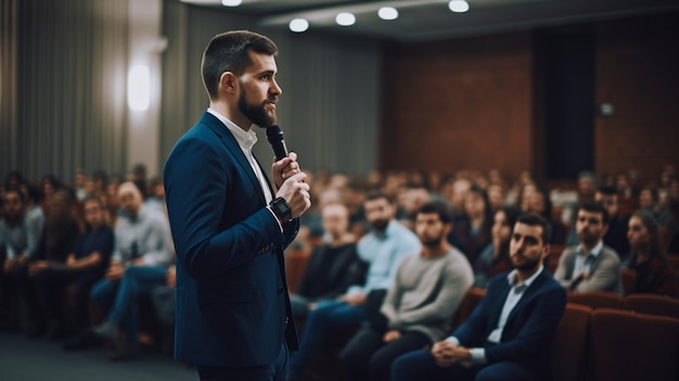 At a business event a speaker discusses Generative AI in a conference room