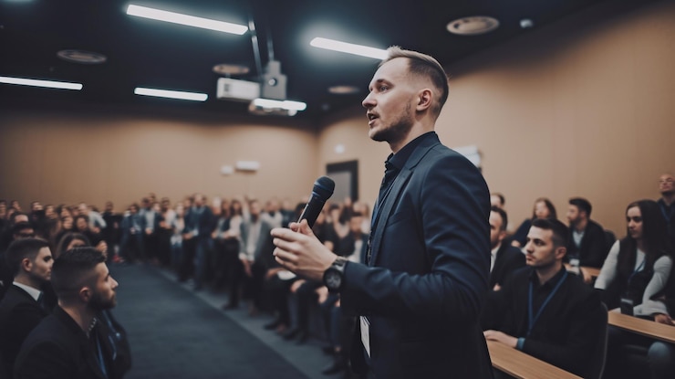 Photo at a business event a speaker discusses generative ai in a conference room